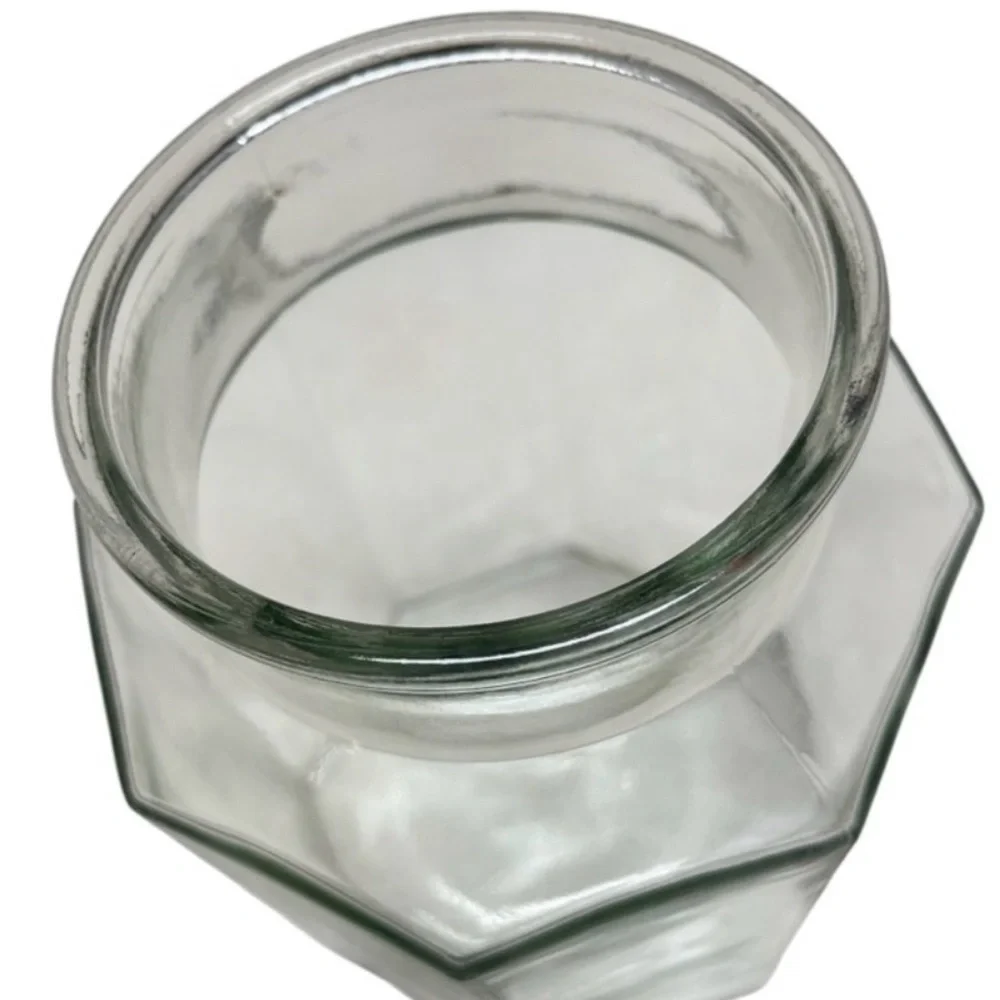 Vintage Pressed Glass Hexagon Kitchen Canister Embossed Lid Apothecary Jar